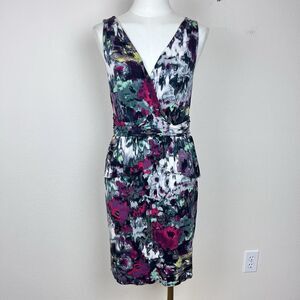 Julienne Weston Dress Womens Medium Sheath Peplum Sleeveless Floral V Neck